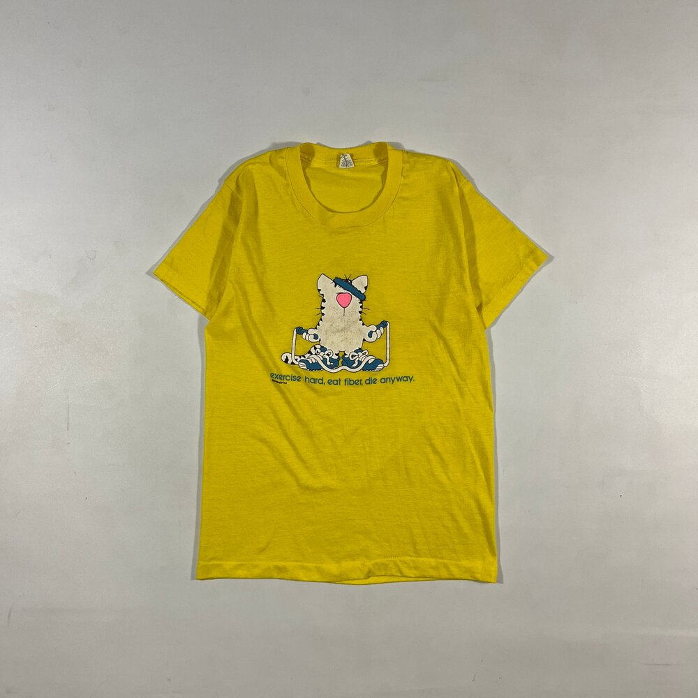 Vintage 90s Hanes "Exercise Hard Eat Fiber Die Anyway" Cat Cartoon Yellow Singl…